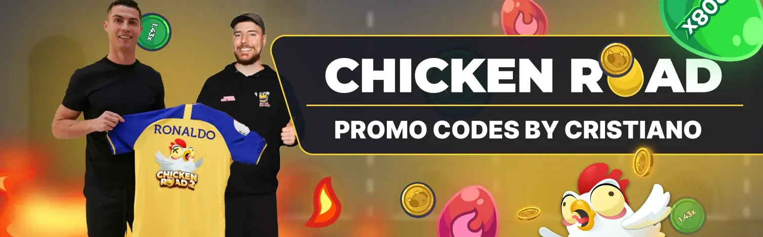 Exemple de bannière « Cristiano Ronaldo Chicken Road game » avec faux codes promo.